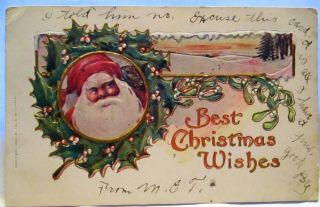 1910 Postcard Best Christmas Wishes,  Santa Claus In Wreath