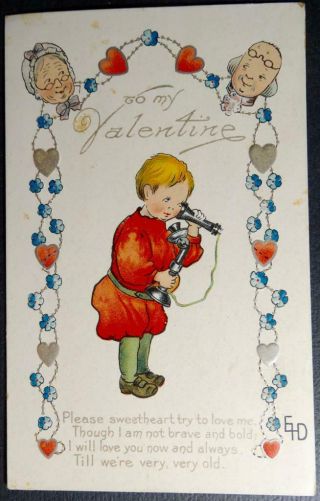 Postcard Artist Signed Gtd Or Gd To My Valentine Little Boy On Telephone
