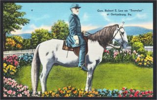 Gettysburg Pa General Robert E.  Lee On Horse Traveler Civil War Linen Postcard
