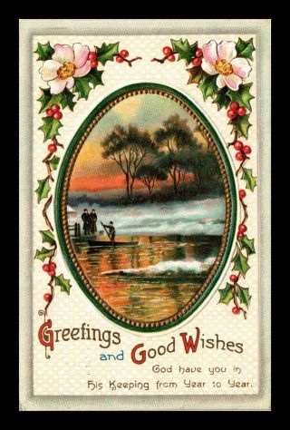 Us Postcard Good Wishes Greeting Pond Scene With Holly & Flowers Embossed Gold