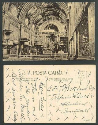 Malta 1914 Old Postcard Interior Of St John 