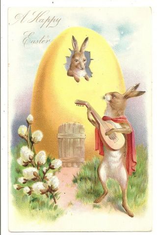 Rabbit Sings Serenades Mandolin,  Egg House,  Embossed,  Easter Tuck Postcard