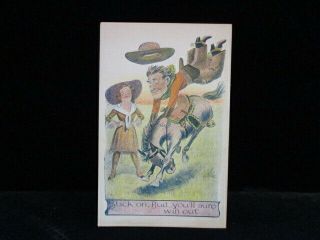 Cowboy Sexy Cowgirl Stick On Bud Bucking Bronco Wild West Vintage Comic Postcard