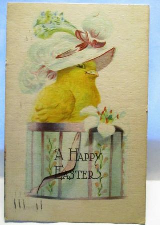1917 Postcard Happy Easter,  Baby Chick On Hat Box,  Wearing Hat