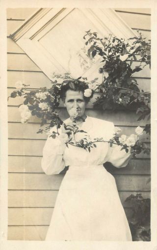 Rppc Edwardian Woman In Rose Bush Vernacular Real Photo Postcard 1910s