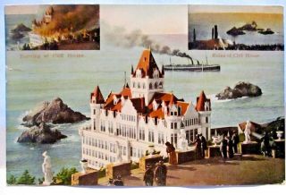 1909 Postcard Burning Of Cliff House & Ruins Of Cliff House,  San Francisco Ca