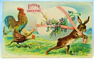 1908 Postcard Easter Greeting,  Upright Bunny With Egg On His Back,  Rooster,  Chicken
