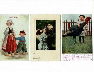 3 Post Cards Of Children,  Comic?,  Boy & Turkey,  Faithful Dog,  Dutch Children
