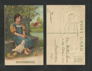 1910s Easter Greetings { Girl Sitting W/ Chicken,  Chicks } Serie 244 Postcard