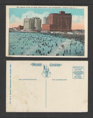 1920s Beach Front @ Hotel Ritz Carlton And Ambassador Atlantic City Nj Postcard