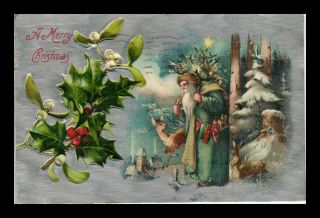 Us Postcard Christmas Greeting Santa With Animals Silver Background Embossed
