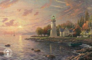 Serenity Cove - Lighthouse,  Gazebo,  Boat,  Water - Thomas Kinkade Dealer Postcard