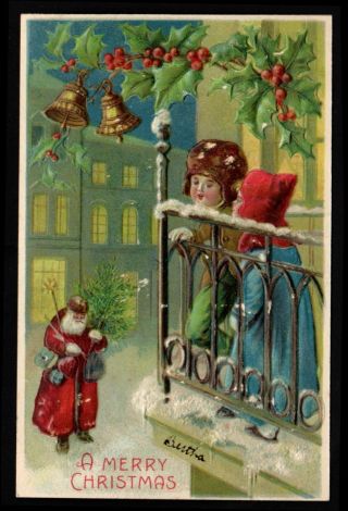 Vintage Christmas Postcard - Santa With Children On Balcony - B.  W.  296