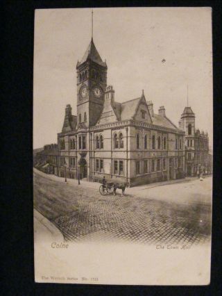 1909 Colne Town Hall Lancashire Wrench Series Postcard Horse & Cart Etc