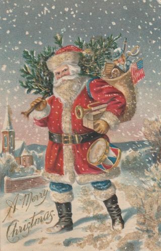 C1906 A Merry Christmas Santa With Bag Of Toys Us Flag Drum Applied Glitter Udb