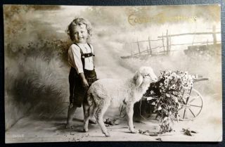 Postcard Rppc Real Photo Easter Greetings Young Boy And Sheep With Cart Flowers