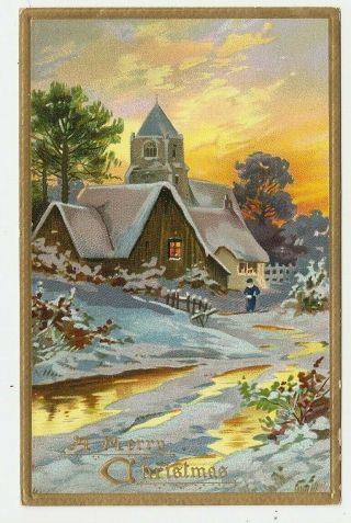 Merry Christmas Winter Scene House Church In Woods Snow Sunset Tuck 513 Postcard