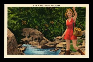 Us Linen Postcard Girl Proudly Showing Caught Fish A Fine Catch For Anyone
