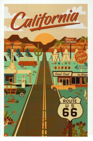 Route 66 California Wigwam Hotel Diner Gas Station Cars & Road Sign Etc Postcard