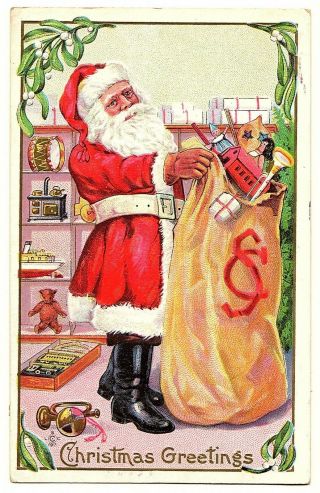 1911 Santa Claus With Large Bag Of Toys Christmas Postcard Mistletoe Border