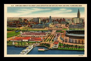 Us Linen Postcard Airplane View Of Great Lakes Expo & Skyline Cleveland Ohio