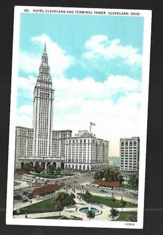 Vintage Postcard Hotel Cleveland Terminal Tower Downtown Cleveland Ohio Trolleys