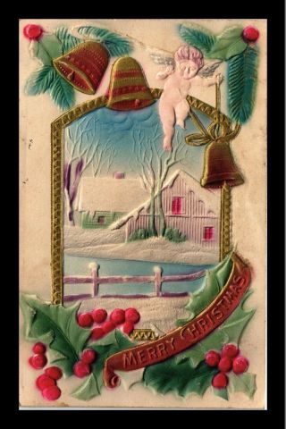 Dr Jim Stamps Us Embossed Christmas Postcard Farm View Bell Angel Holly