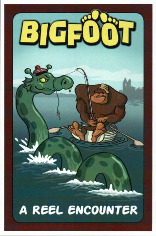 Bigfoot Catches Loch Ness Monster,  Fishing,  A Reel Encounter - - - Modern Postcard