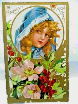 1909 Postcard Happy Year,  Girl In Blue Hood,  Pink Flowers And Berries