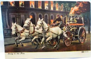 1910 Postcard Going To The Fire,  Horse Drawn Fire Engine