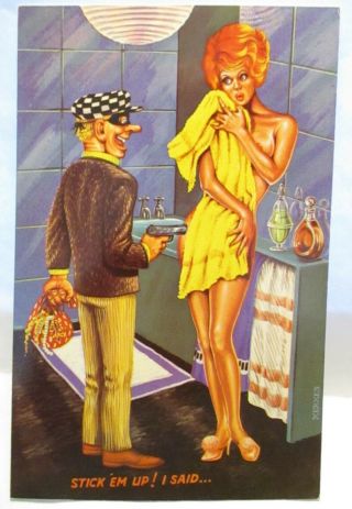 1950s Risque Postcard Stick Em Up I Said - Robber & Lady Nude Behind Towel