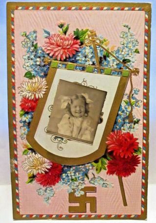 1910 Postcard Good Luck Swastika,  With Real Photo Of Cute Little Girl Attached