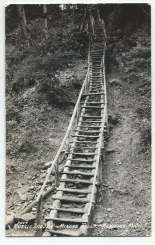Mi Rppc Miners Falls Wooden Ladder Munising Michigan C1930 