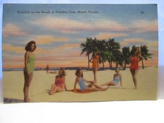 1940 Postcard Beauties On The Beach At Crandon Park Miami Fl Girls Bathing Suits