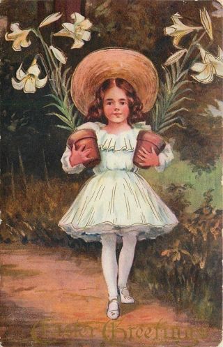 Easter Victorian Girl In White Carries Two Lily Pots Down Garden Path Gold Leaf