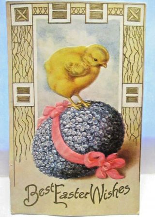 1910 Postcard Best Easter Wishes,  Chick Standing On Floral Egg Of Violets