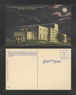 1950s Rodeheaver Auditorium At Night Bob Jones University Greenville Sc Postcard