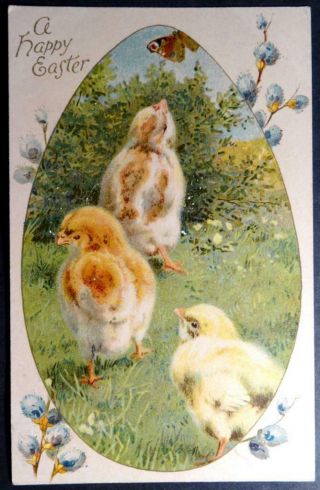 Postcard Ernest Nister - A Happy Easter Chicks Butterfly Flowers 1908