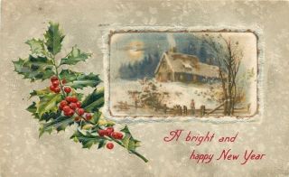 Year Snowy Cottage In Full Moon Clouds Ice Frame Silk Texture John Winsch