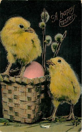 Easter Yellow Chicks Wicker Basket Pink Egg Pussy Willows Gold Leaf Gel Germany