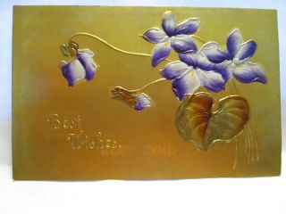 1910 Embossed Postcard Best Wishes,  Purple Flowers On Gold Background