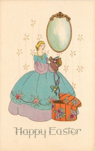 Easter Art Deco Lady In Bouffant Dress Tries Bonnet Band Box Mirror On Wallpaper