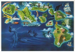 Colorful Islands Of Hawaii,  Oahu,  Maui,  Fish,  Cruise Ship Etc State Map Postcard