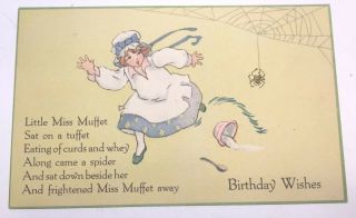 Vintage Nursery Rhyme Birthday Post Card " Little Miss Muffet " Series 2 Unposted