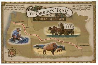 The Oregon Trail Map Missouri To Oregon,  Covered Wagon Buffalo - Modern Postcard