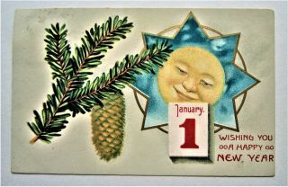 Smiling Man In The Moon Evergreen Jan.  1 Year Gold Embossed Postcard