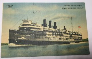 Vintage Ship Postcard " Steamer Greater Detroit " D & Co Navigation Co.  Posted