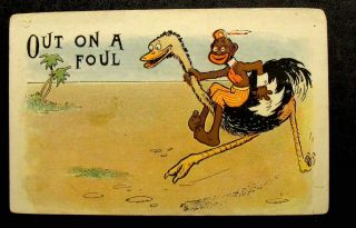 1910 Black Americana Postcard - " Out On A Foul " Big Lips Boy On Ostrich