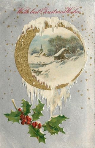 Christmas Gold Crescent Moon Portal Snowy Cottage Silver Back Emboss Winsch 1912