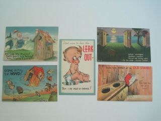 Vtg.  5 Linen Postcards Amusing Humor Outhouse,  Baby,  Gone With The Wind,  2 Seats